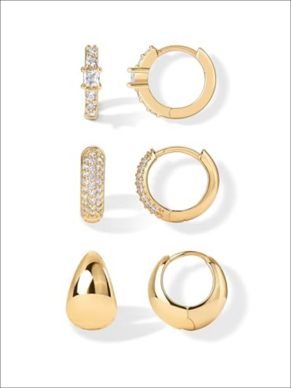 18K Gold Plated Huggie Hoop Earrings Set of 3 CZ Piercings